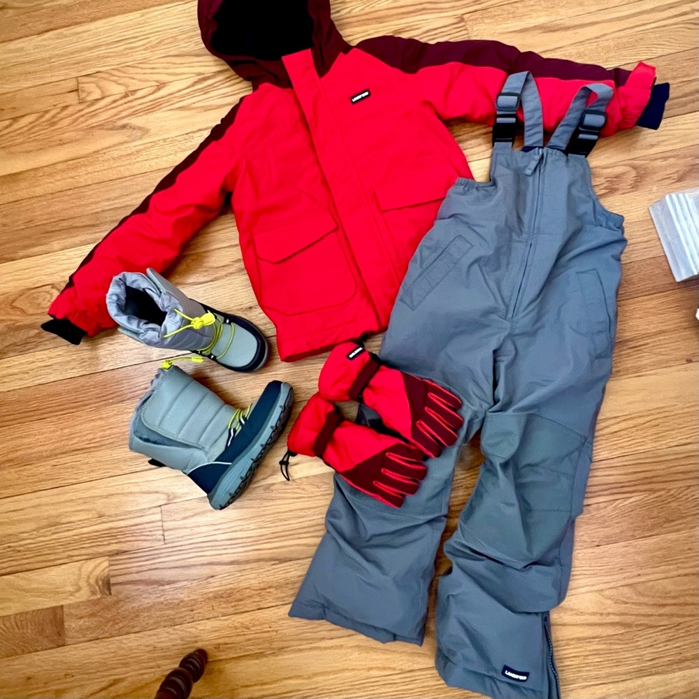 Kids Red Lands’ End Snow Ski Bib Jacket Boots Gloves